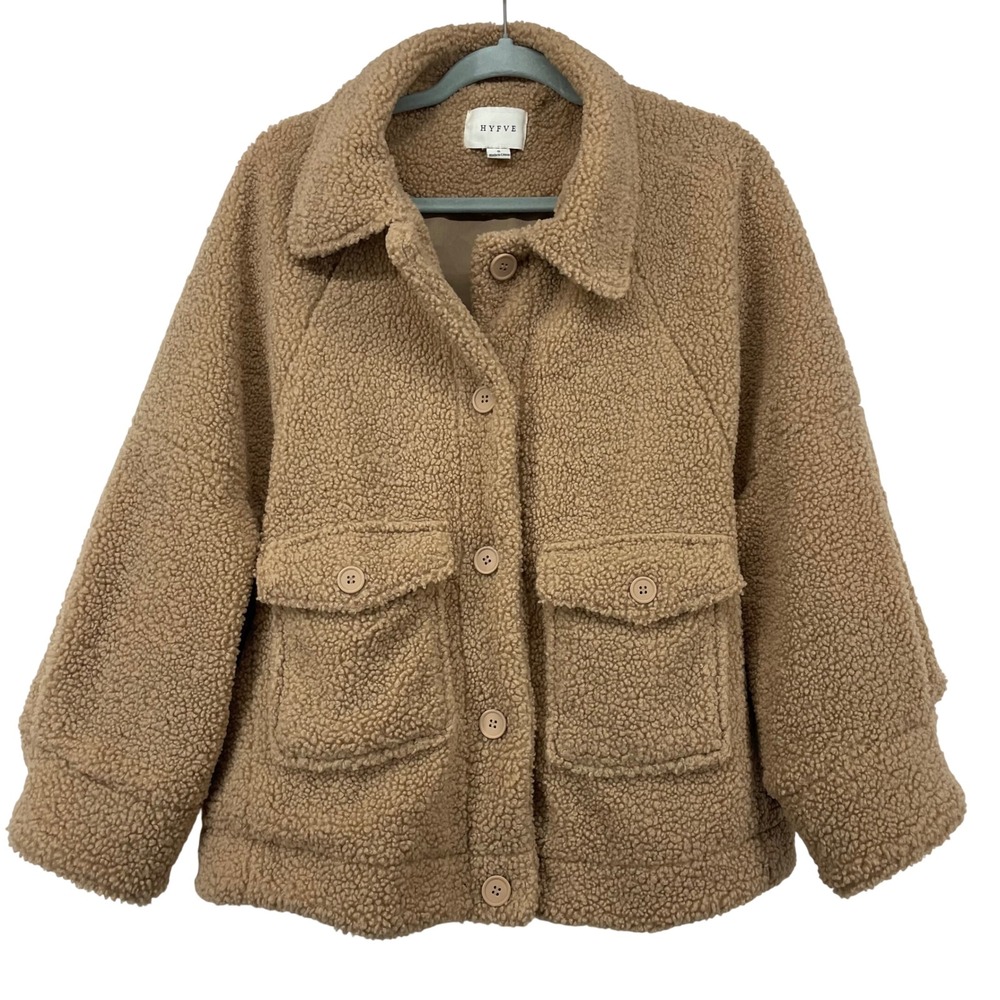Hyfve Women Size Small Teddy Sherpa Jacket Tan Brown Button Front Cabin Core